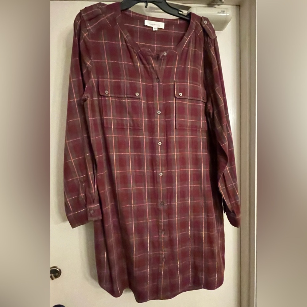 Two by Vince Camuto Plaid Collarless Shirt Dress like new size L